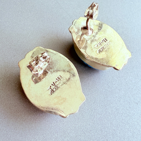 Sterling Silver 19.3 CT Turquoise Southwestern Large Oval Stud Mexico Earrings - Picture 3 of 6